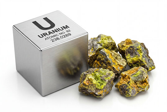 Uranium chemical element symbol on a metallic cube next to chunks of raw mineral ore