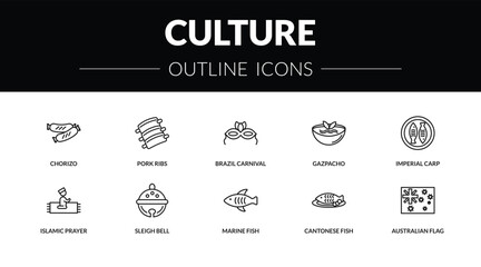 outline culture icons set - chorizo, pork ribs, islamic prayer, australian flag. editable vector for web and mobile ui © IconArt