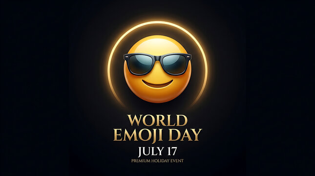 World emoji day glowing concept featuring smiling emoji with sunshades, internet