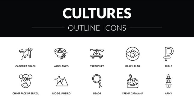 outline cultures icons set - capoeira brazil dancers, ajoblanco, chimp face of brazil, army. editable vector for web and mobile ui