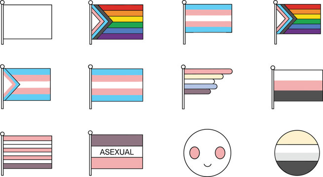LGBTQ Pride Flag Icon Set Featuring Progress Pride, Transgender, Asexual, and Nonbinary Identity Symbols for Community Celebration and Diversity Graphic Designs