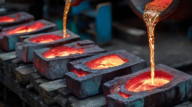 Molten metal is carefully poured into molds during the casting process, showcasing the intense heat and precision of industrial metalworking.