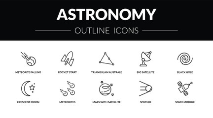 outline astronomy icons set - meteorite falling, rocket start, crescent moon, space module. editable vector for web and mobile ui © IconArt