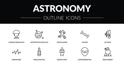 outline astronomy icons set - capsule parachute, jupiter with satellite, magnitude, space robot. editable vector for web and mobile ui © IconArt