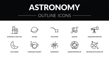 outline astronomy icons set - astronaut and flag, saturn, half moon, neptune with satellite. editable vector for web and mobile ui © IconArt