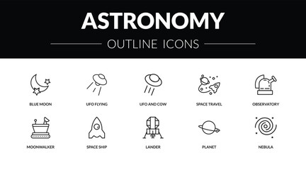 outline astronomy icons set - blue moon, ufo flying, moonwalker, nebula. editable vector for web and mobile ui © IconArt