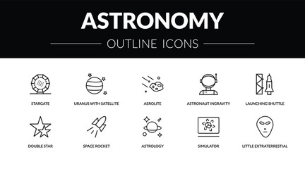 outline astronomy icons set - stargate, uranus with satellite, double star, little extraterrestial. editable vector for web and mobile ui © IconArt