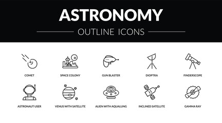 outline astronomy icons set - comet, space colony, astronaut user, gamma ray. editable vector for web and mobile ui © IconArt
