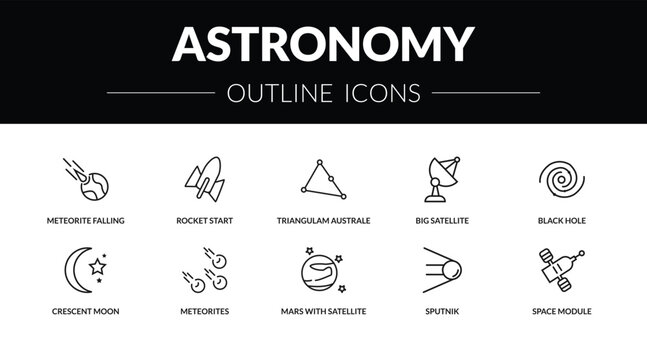outline astronomy icons set - meteorite falling, rocket start, crescent moon, space module. editable vector for web and mobile ui