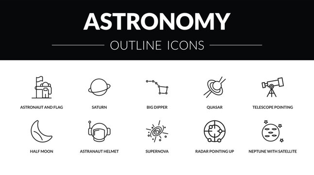outline astronomy icons set - astronaut and flag, saturn, half moon, neptune with satellite. editable vector for web and mobile ui