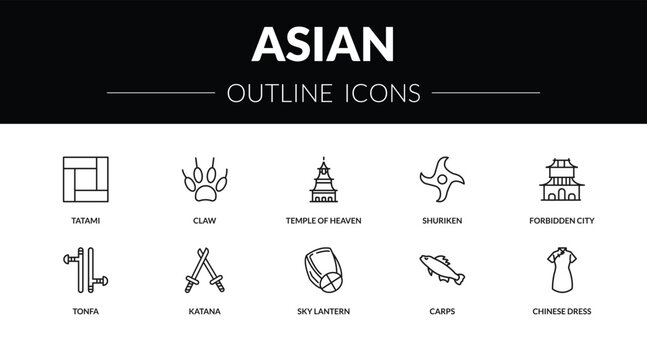 outline asian icons set - tatami, claw, tonfa, chinese dress. editable vector for web and mobile ui