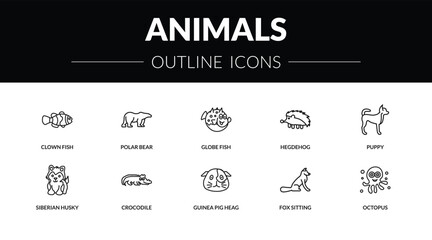 outline animals icons set - clown fish, polar bear, siberian husky, octopus. editable vector for web and mobile ui © IconArt
