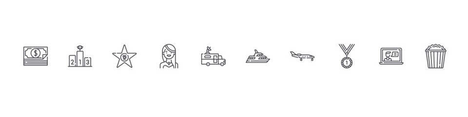 Obraz premium set of 10 thin line fame icons such as money, podium, hall of fame, woman, broadcasting, yacht, aircraft, medal, video chat, popcorn. editable stroke vector illustration isolated on white