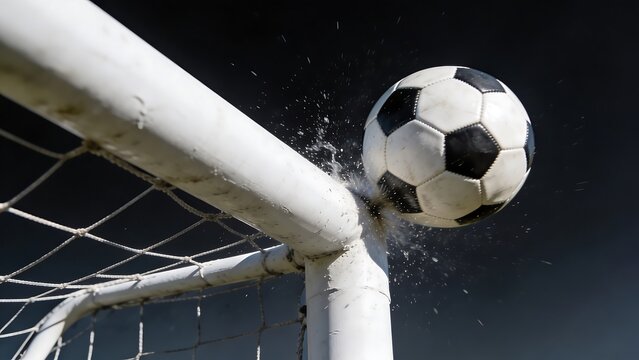 Soccer Ball Hitting the Goal Post Corner with Water Splash