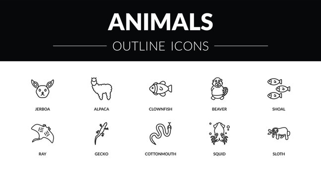 outline animals icons set - jerboa, alpaca, ray, sloth. editable vector for web and mobile ui