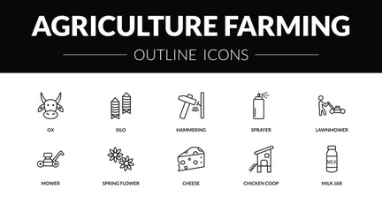 outline agriculture farming icons set - ox, silo, mower, milk jar. editable vector for web and mobile ui © IconArt