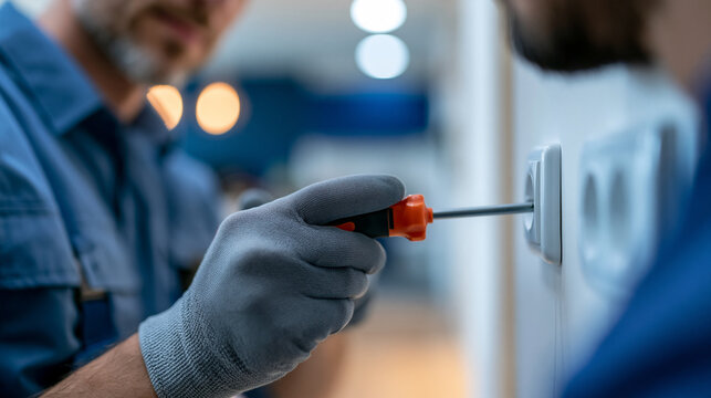 Faceless professional electrician in blue shirt and gloves using a screwdriver to install a power outlet on a modern interior wall, defocused contemporary room interior in