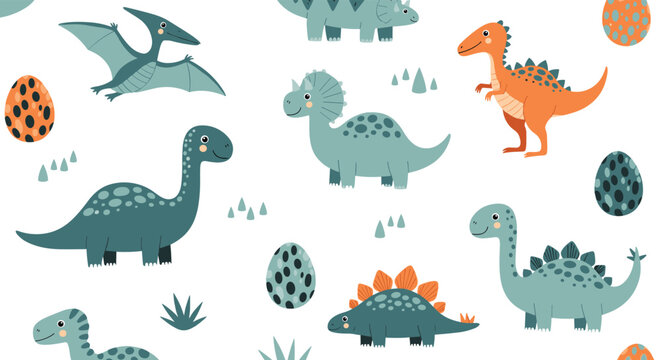 Adorable dinosaur seamless pattern showcases various prehistoric creatures and spotted eggs in soft teal and orange tones on white background.