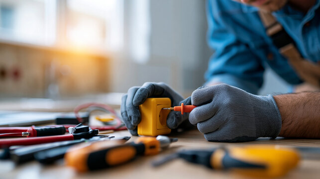 Faceless electrician installing an electrical outlet with organized hand tools and protective gloves, work area neatly maintained, defocused wall and room interior in background,