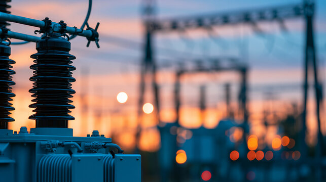 Electrical substation equipment operating at dusk, transformer and switching gear silhouetted against a warm evening sky, defocused power yard in background, substation
