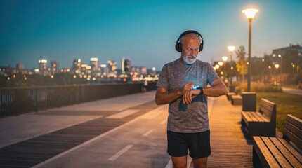 Fototapeta premium Senior man checking smartwatch and wearing headphones while jogging on city park boardwalk at twilight for active lifestyle and fitness marketing