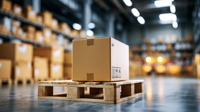 Single large cardboard box placed securely on a wooden pallet in a vast warehouse with high ceilings and rows of additional boxes, efficient tidy storage layout, defocused far