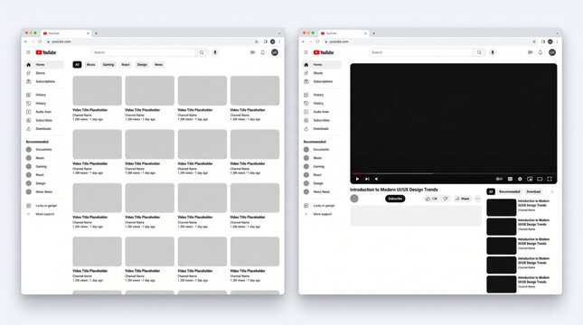 Youtube desktop mockup interface template set with home page and video player screen layouts editable vector illustration for ui ux design web development social media marketing branding agency kits  