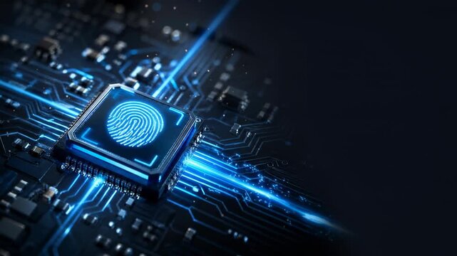 Biometric Security Chip: A close-up of a computer chip with a fingerprint scanner integrated, glowing with blue digital light, symbolizing advanced technology and secure data access.