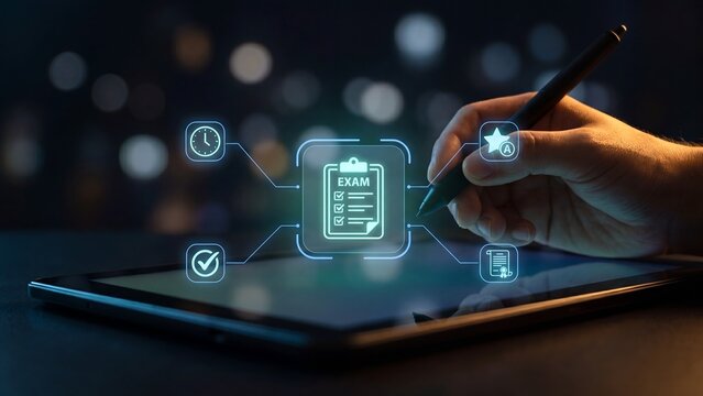 Hand using stylus pen on tablet with glowing holographic exam checklist interface clock star and certificate icons showing online test assessment digital evaluation and quiz technology