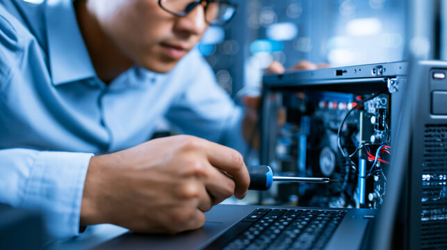 Faceless Asian IT engineer using a screwdriver to open and repair a PC case, components visible inside, defocused server room or office in background, computer repair photography,