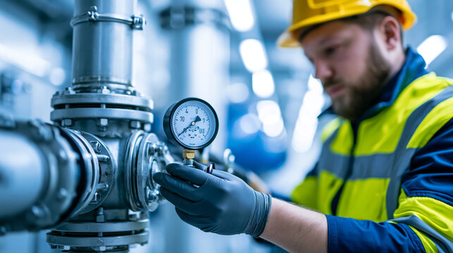 Industrial refrigeration technician checking an ammonia valve assembly in a cold storage facility, gauge and pipe detail visible, defocused cold storage interior in background,