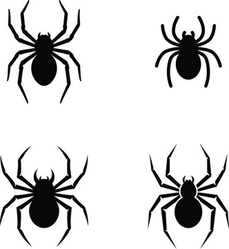 Set of four simple black spider icons for spooky Halloween designs