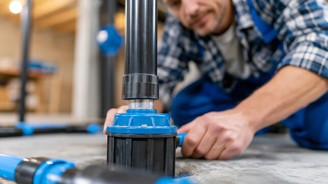 Faceless professional installing a sump pump system in a clean concrete basement, drainage pipes and waterproofing components visible, defocused basement interior in background,