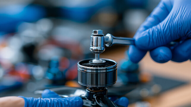 Faceless technician assembling a brushless drone motor, using a wrench on the propeller adapter, gloved hands working on FPV hardware, defocused workshop surface in background,