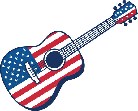 Acoustic guitar with USA flag pattern vector flat illustration American patriotic musical instrument isolated on white background