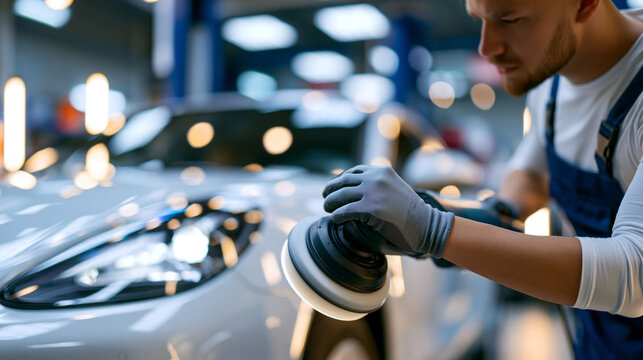 Faceless worker polishing a white car in a bright auto detailing garage, orbital buffer visible, defocused garage interior in background, car detailing photography, vehicle