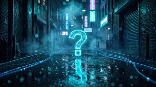 Blue Glowing Question Mark Hologram in Dark Rainy Urban Alleyway for Cyberpunk Mystery and Digital Information Search Graphics