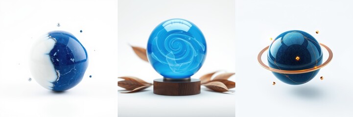 Fototapeta premium Three crystal spheres depict celestial bodies. Blue hues dominate, showcasing swirling patterns, orbits, leaves. Minimalist aesthetic, clean background.