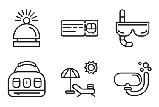 outline travel icons set - hotel bell, bus ticket, diving goggles, scuba diving. editable vector for web and mobile ui