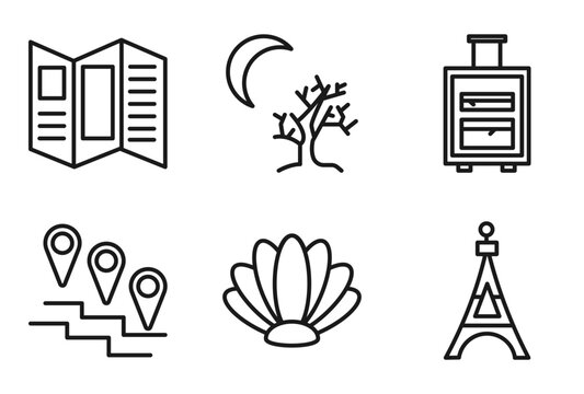 outline travel icons set - brochure, moon and tree, suitcases, eiffel tower. editable vector for web and mobile ui