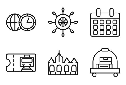 outline travel icons set - time zone, rudder, date, bellhop. editable vector for web and mobile ui