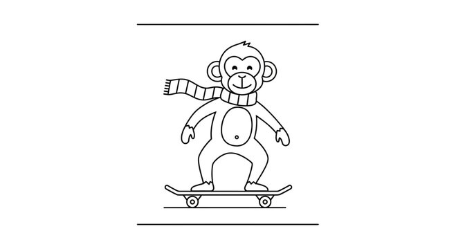 Cute Monkey Riding Skateboard with Scarf - Cartoon Illustration