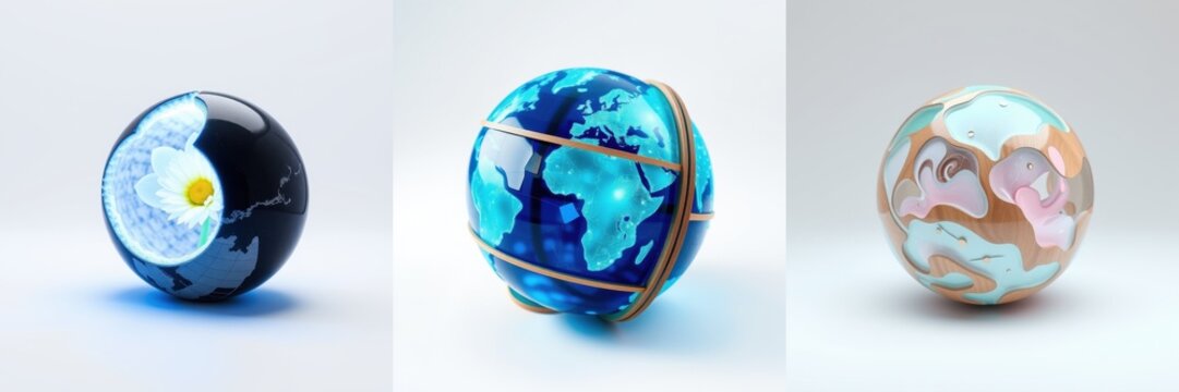 Three glossy globes presented. Each depicts Earth, varying color schemes, reflective surfaces, simple backgrounds.