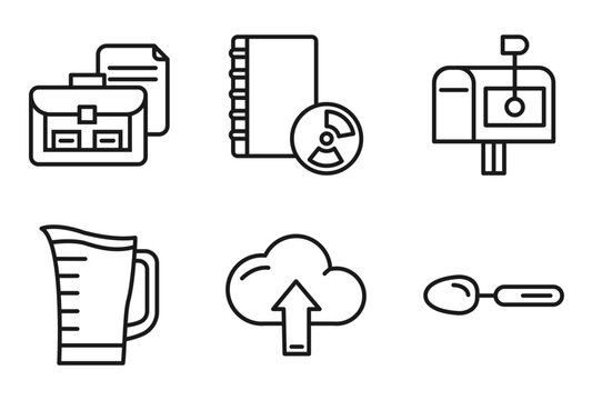 outline tools and utensils icons set - briefcase and document, book with cd rom, postage, large spoon. editable vector for web and mobile ui