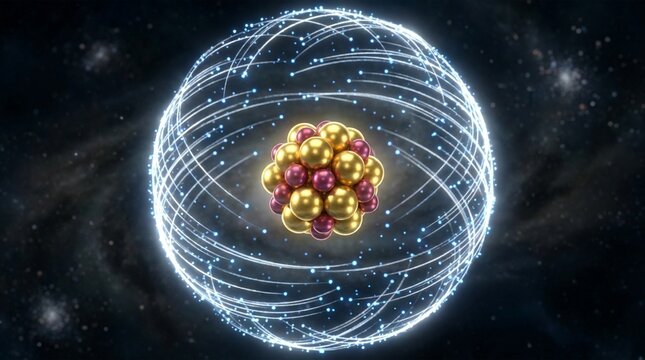 Atomic nucleus with orbiting electrons, concept of quantum physics and science