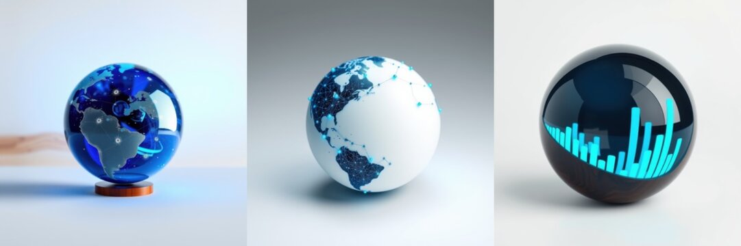 Three glowing globes depict Earth. Each sphere features different data visualizations, suggesting global connectivity, technology, information.