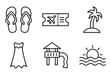 Obraz premium outline summer icons set - pair of flip flops, plane ticket, island with palm trees, sun at sea. editable vector for web and mobile ui