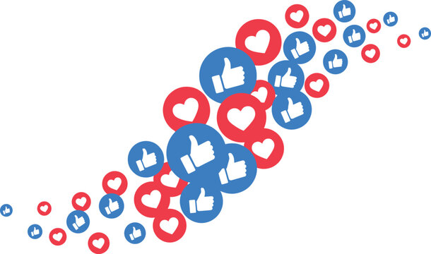 Social media likes and hearts stream vector flat illustration isolated on white background digital marketing and feedback concept