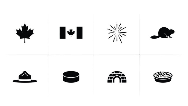 Canadian themed icon set including maple leaves beaver igloo hat and poutine food vector.