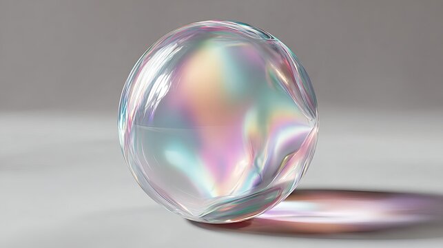 A mesmerizing iridescent glass sphere reflects rainbow hues, creating a captivating abstract composition with subtle light and shadow play.